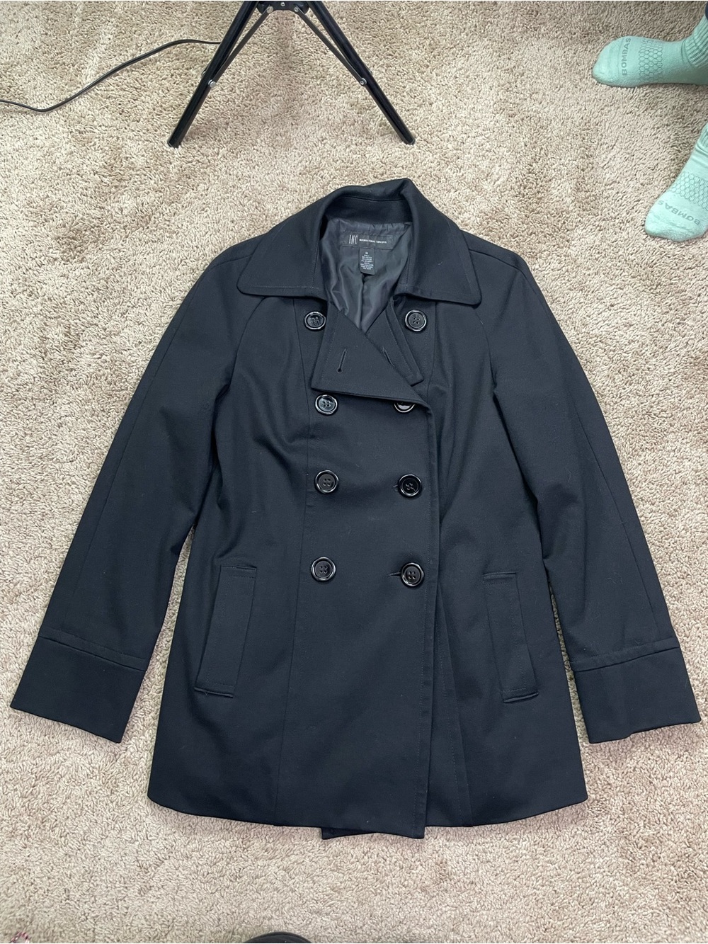 INC International Concepts Black Double-Breasted Peacoat